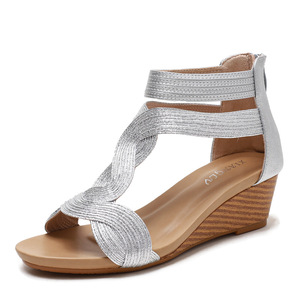 Sandales compensées argentées à paillettes, bout ouvert, talon bas, à enfiler, élégantes, pour femme, été, respirantes, doublure en microfibre, semelle extérieure en caoutchouc - Product Image 1