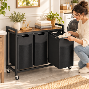 Cesto de Ropa Moderno de Bambú con Estante y 3 Bolsas de Forro Extraíbles para Dormitorio y Baño - Product Image 3