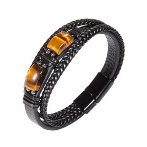 MIENTER <strong>Leather</strong> Bracelet Fashion Luxury Stainless Steel Tiger Eye Bracelets - Product Image 1