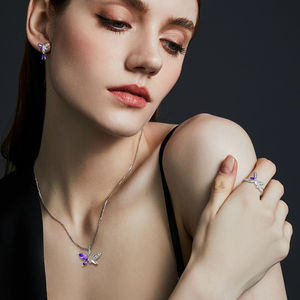 Ensemble de bijoux en argent sterling avec papillon, plaqué rhodium, améthyste violette, zircone cubique, argent 925, comme les ensembles de bijoux de créateurs originaux - Product Image 3