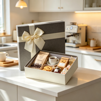 Coffret Cadeau Gris Crème avec Ruban de Satin, Café, Biscuits, Confiture, Espresso, Ensemble de Cuisine Gourmande en Carton Kraft, Présentoir, Vente en Gros, Gaufrage, Nœud Papillon