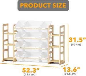 White 52 Inch Bamboo Toy Storage Organizer for Kids Bamboo 6 <b>Shelf</b> 12 Bin Bookcase Bookshelf Storage Box Playroom <b>Bedroom</b> - Product Image 5