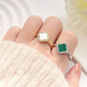 Высокое качество <span class=keywords><strong>925</strong></span> стерлингового серебра четырехлистный клевер натуральный агат кольцо 18k позолоченный Четырехлистный Клевер набор женских колец - Product Image 1