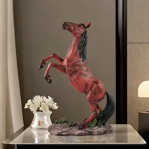 Vendita calda dinamico rosso-marrone resina statua di cavallo con criniera nera, posa di allevamento sulla Base di erba, elegante arredamento per la casa per il soggiorno - Product Image 2