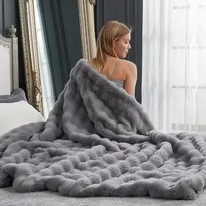 Two-Layer Faux Rabbit Fur Throw Blanket Soft And Warm Bedding With Solid Pattern Knitted PV Plush Sofa Cover For Home Decor