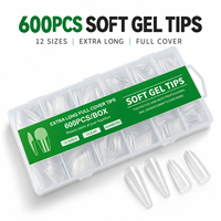 Longs faux ongles en gel transparent forme cercueil 600 pièces, gel souple, couverture complète, logo personnalisé, marque privée, fournitures d'extension d'ongles en gros