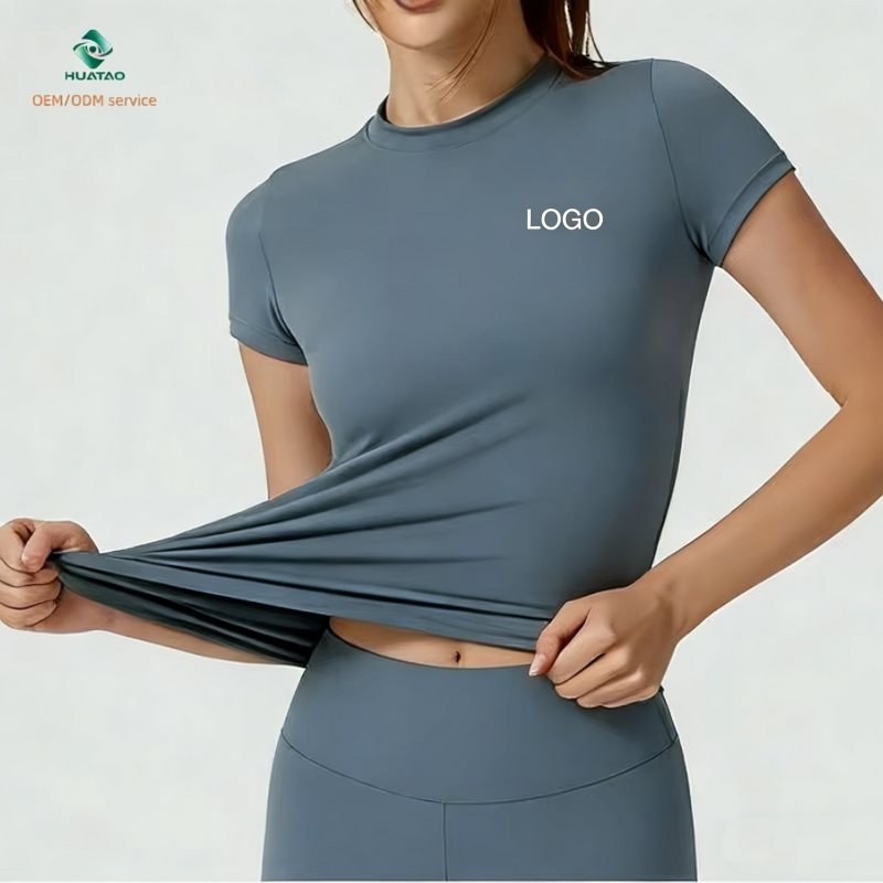 Wholesale Custom Women's Yoga Top Quick-Dry Breathable Slim Fit Short Sleeve Crew Neck Spandex/Nylon Four-Way Stretch
