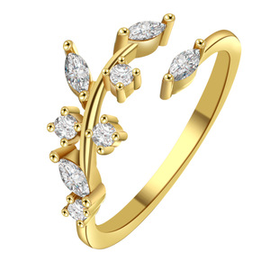Cincin berlian imitasi kuningan daun berlian jari wanita mode perhiasan emas cincin daun kepribadian - Product Image 1