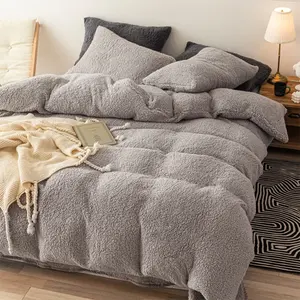 Quality Fluffy King and Queen Size Duvet Cover Sets Teddy Fleece Home Comforter Set with Quilt Pattern Bedsheet for Winter