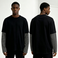 T-shirt à manches longues double couche en coton 100% rayé, coupe oversize, design d'usine, vêtement décontracté pour homme