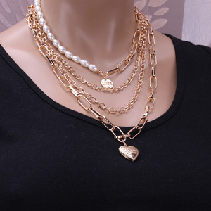 Layered Pearl Chain Necklace Gold Heart Pendant Multi Layer <b>Choker</b> Fashion Jewelry Gift for Women - Product Image 2