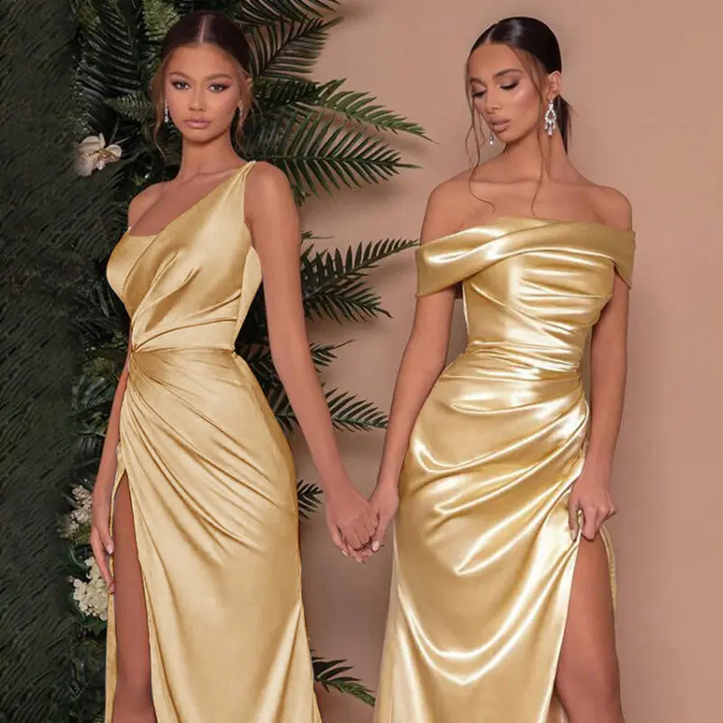 Mandy Nieuwe Ontwerp Zomer Mode Een Schouder Slit Hoge Taille Lange Sexy Jurken Vrouwen Elegante Satin Party Dress