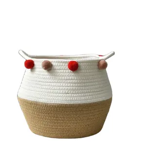 Multifunctional Eco-friendly Decorative Storage Basket Cotton Rope Woven with 2 Handles Mix Colour