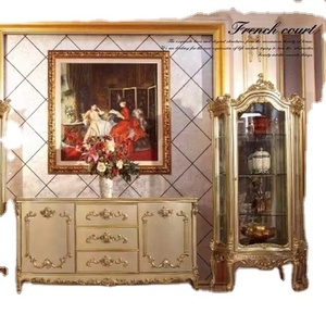 Armoire de salon de style château classique européen rétro sac à main sculpté porte en bois de verre antique en bois doré français - Product Image 1