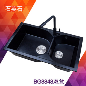 Évier de cuisine en pierre de quartz double vasque noir à encastrer 100 mm d'épaisseur facile à nettoyer surface mate BG8848 - Product Image 5