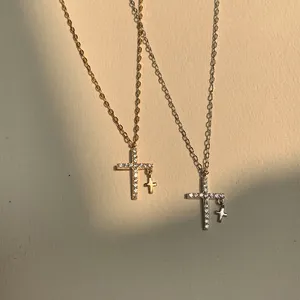 Copper Necklaces White Zircon Catholic Ethnic Religion Two Crosses Men Necklace