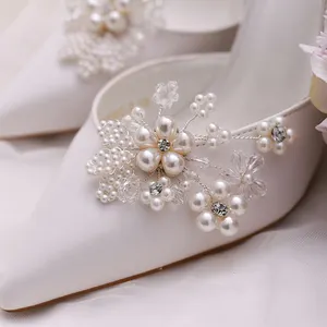 Salto alto com pérolas para sapatos, decoração de calçados estilo europeu, elegante, para casamento, baile, formatura