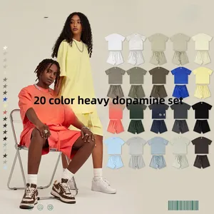 T-shirt da <span class=keywords><strong>uomo</strong></span> personalizzata 305G pesante 100% cotone lavata a maniche corte t-shirt estiva piccola scollatura 440G <span class=keywords><strong>pantaloncini</strong></span> pesanti coppia Set - Product Image 3