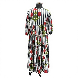 <b>Striped</b> Floral Embroidered Bohemian Maxi <b>Dress</b> 100% Cotton Tiered Breathable Summer ODM <b>Blue</b> <b>White</b> Long Sleeve - Product Image 4