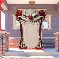 Housse de porte Halloween Clown effrayant – Design visuel monstre à grande bouche pour décoration de porte d'entrée ou de fête d'effroiement