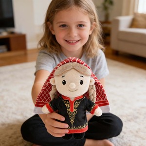 Peluche personnalisée adorable Fille Saoudienne, avec Keffiyeh Rouge et Robe Brodée Or, pour Décoration Intérieure et Articles de Collection - Product Image 6