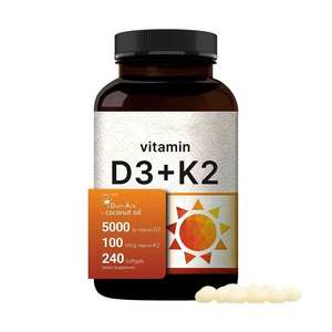 Cápsulas Veganas de Vitamina D3 <span class=keywords><strong>K2</strong></span> al por Mayor OEM, 5000 UI D3 100 mcg <span class=keywords><strong>K2</strong></span>, Multivitamínico en Gelatina, Alimento Herbal Saludable a <span class=keywords><strong>Base</strong></span> de Aceite de Coco - Product Image 1