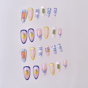 24 faux ongles à presser style méditerranéen, forme amande moyenne, avec imprimé citron, poisson et fleurs, pour femmes, pour les <span class=keywords><strong>vacances</strong></span> d'été et le quotidien - Product Image 4