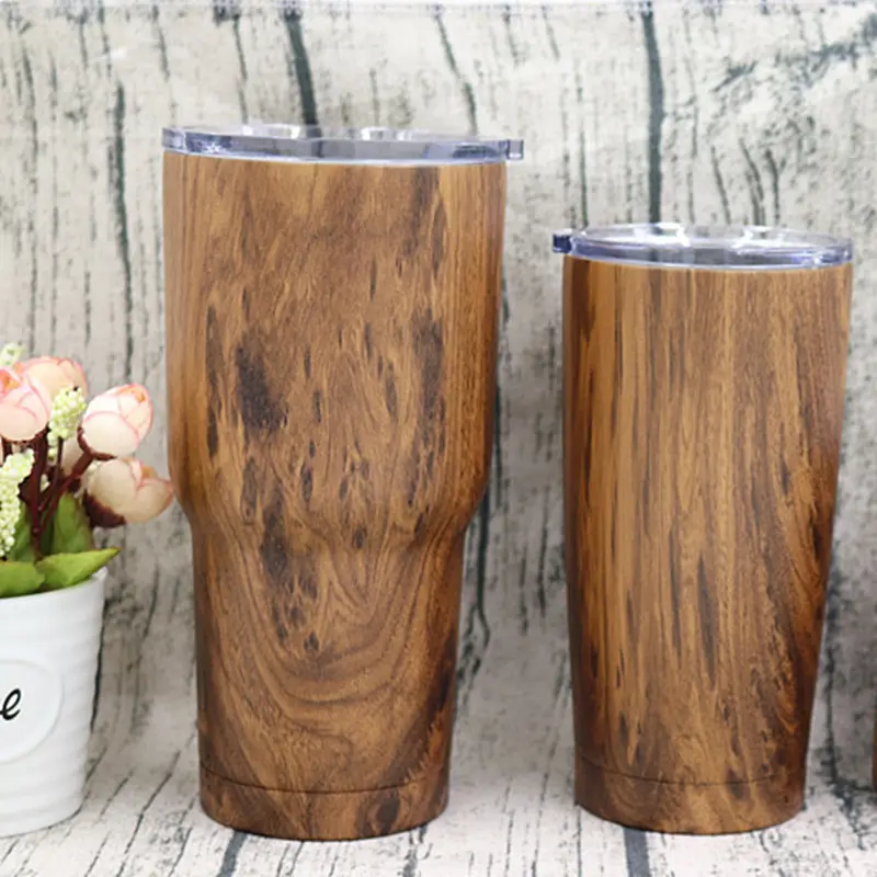 Custom logo promotional wood grain double walled 10oz 20oz 30oz metal skinny stainless steel tumbler wholesale with lid