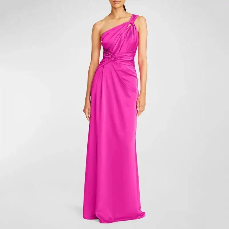 Hot Sale Pleated One-Shoulder Gown Sleeveless A-line Evening Dress Solid Color Satin Bridesmaid Long Prom Evening Dress