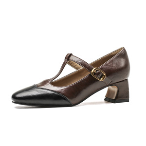 Elegant Mary Jane Shoes Square Toe <b>Block</b> Heel T-Strap Buckle Genuine Leather Women's Pumps All Seasons High Heeled Shoes - Product Image 5