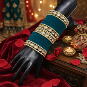 Exquisite <b>Gold</b>-Plated Kundan Stone and Pearl <b>Bangles</b> <b>Set</b> Velvet 11151736GRR_2.4 Bracelets - Product Image 3