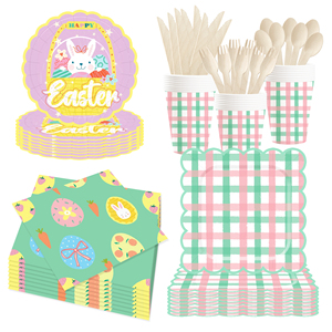 DAMAI Pink and Green Cross Grid Pattern Plate Set <b>Easter</b> Bunny and Egg-themed Disposable Paper Napkin for <b>Easter</b> Celebrations - Product Image 3