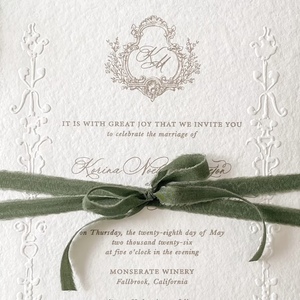 Handmade Deckled Edge Wedding Invitation Card With Gold <b>Wax</b> <b>Seal</b> And Green Ribbon Elegant Offset Printing RSVP - Product Image 2