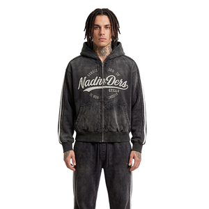Sweat à capuche zippé style Hip Hop délavé, impression DTG Kornit personnalisée, vêtement <span class=keywords><strong>patchwork</strong></span>, sweat à capuche oversize pour homme - Product Image 1