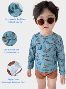 Conjunto de traje de baño para niños, camisa de manga larga con estampado de letras de vida marina y fósiles de dinosaurios, pantalones cortos para verano, piscina, <span class=keywords><strong>playa</strong></span>, vacaciones - Product Image 1