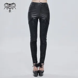 PT157 Gothic velvet printed basic style lace pants black sexy women skinny leather leggings