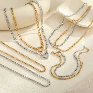 Minimalismus Unisex Edelstahl Schmuck <span class=keywords><strong>Set</strong></span> Mädchen vergoldet Trendy Heart Bridge Link Kette Armband Halskette für täglich - Product Image 2