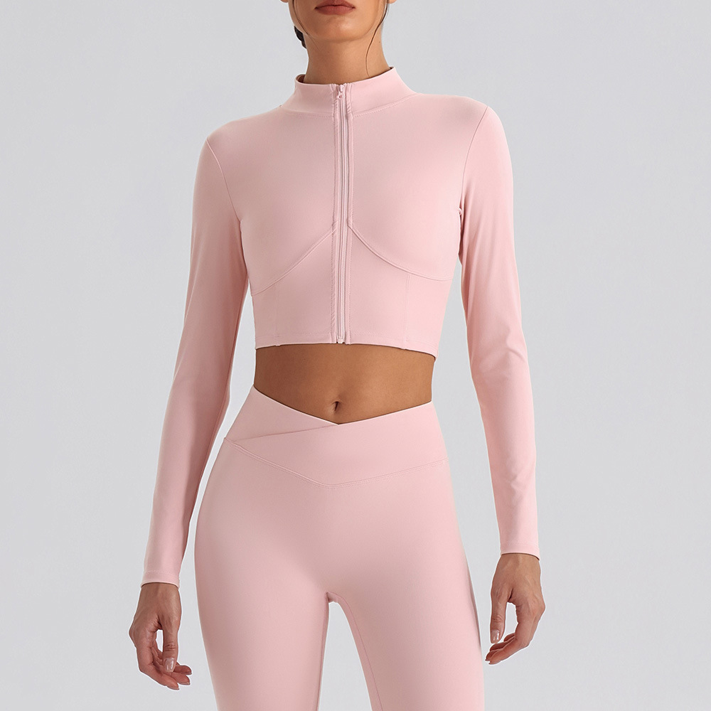 Custom Logo Womens Cropped Sports Jacket Full Zip Mock Neck Slim Fit Workout Jacket Buttery Soft Long Sleeve Yoga Gym Jacket