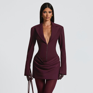 Vestido estilo traje ceñido a la cintura con cuello en <span class=keywords><strong>V</strong></span> profundo de color sólido para mujer - Product Image 1
