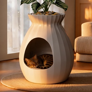 2026 Nieuwe stijlvolle & leuke multifunctionele <span class=keywords><strong>plastic</strong></span> kattenhuisje kleine dierenbed met fluwelen kussen & kunstplant decoratie binnen - Product Image 1