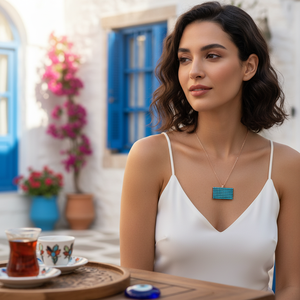 Rectángulo forma geométrica Nano turquesa piedra encanto collar turco hecho a mano venta al por mayor 925 joyería de plata esterlina - Product Image 3