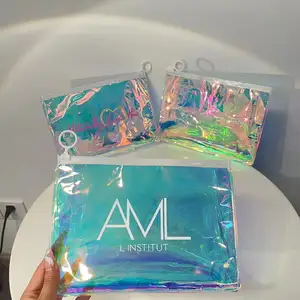 Pochette à cosmétiques en PVC holographique avec logo personnalisé trousse de voyage pour le bain et le maquillage à fermeture éclair