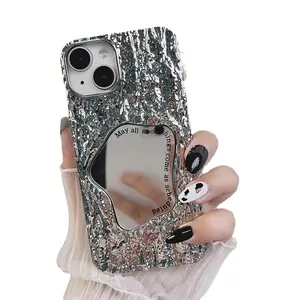 Glitter parlayan 3D kaya duygu cep telefonu kılıfı iPhone 15 14 13 12 11 Pro Max ayna kabartma telefon kılıfı