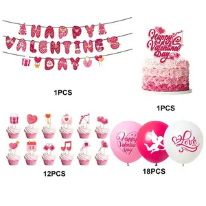 Valentine's Day Romantic Theme Party Supplies Pull Flag Banner Latex Balloons Cake Toppers