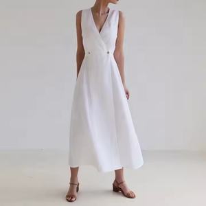 ชุดเดรสฤดูร้อนคุณภาพสูงแบบ ODM สั่งทำได้ ผ้าลินิน 100% ขายส่ง ชุดเดรสทรงเข้ารูป คอวี แขนกุด สำหรับผู้หญิง - Product Image 6