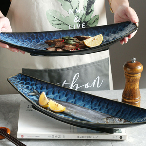 <span class=keywords><strong>Vajilla</strong></span> <span class=keywords><strong>japonesa</strong></span> para restaurante, plato de cerámica azul para Sushi, escamas de pescado de 14 pulgadas y 16 pulgadas, platos de porcelana - Product Image 1