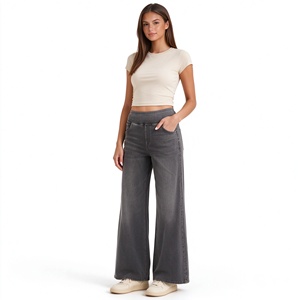 Pantalon de yoga ample en jean stretch <span class=keywords><strong>gris</strong></span> délavé taille haute pour <span class=keywords><strong>femme</strong></span>, coupe décontractée, avec poches, en stock - Product Image 2