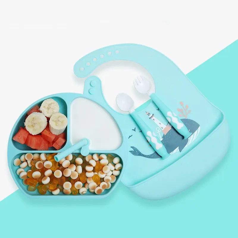 Saman, kaşık ve önlük ile çocuklar masa Placemat silikon bebek emme plakası