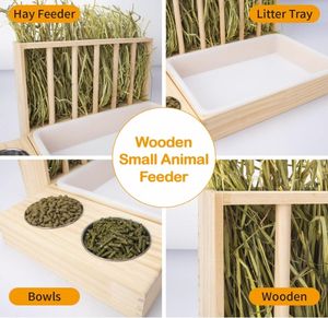 Râtelier à foin pour petits animaux Mangeoire à foin en bois pour lapin avec bac à litière Mangeoire pour cochon d'inde écologique Bols arrondis pour toilettes - Product Image 6