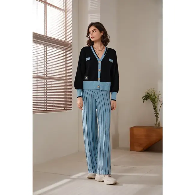 Setelan Sweater wanita, kualitas tinggi leher V lengan panjang setelan 70% celana wol 2 potong